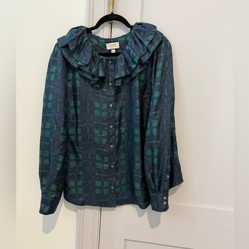 J. Crew Navy and Green Ruffle-Collar Button Front Blouse